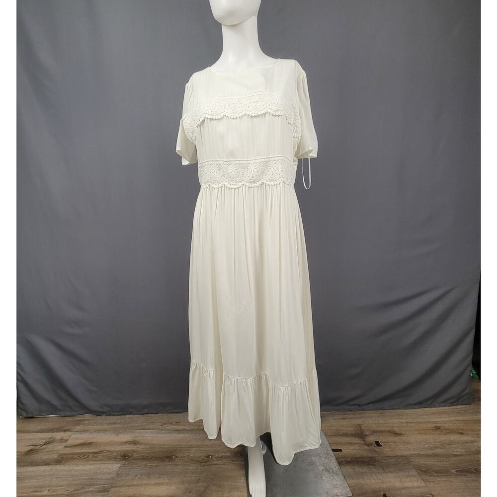 Vanilla Bay Cream Midi Dress Large Empire Waist Lace Trim Cottagecore